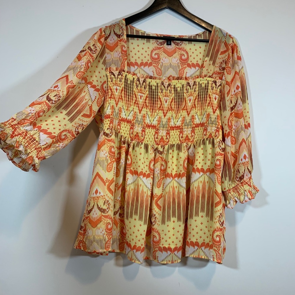 Torrid Babydoll Chiffon Smoked Top Ikat Butter Yellow Boho Artsy 2X